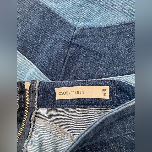 ASOS 100% Cotton Denim Blue Chevron Patchwork Mini Skirt - Picture 8 of 9